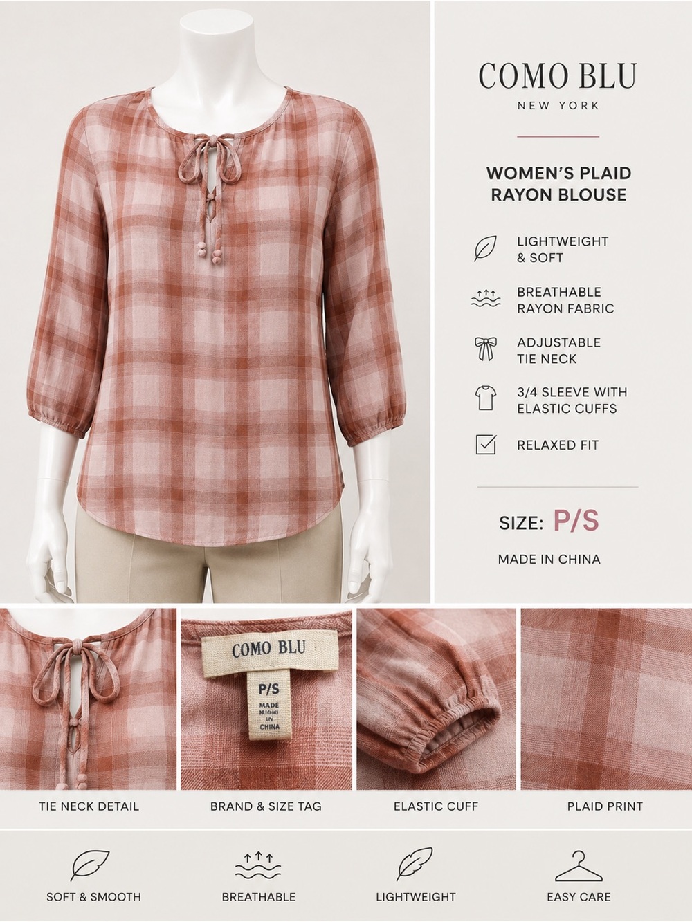 Como Blu Pink and Brown Plaid Rayon Blouse P/S
